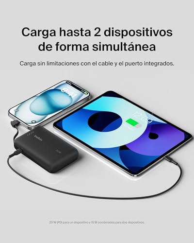 Miniatura 3 de Belkin BoostCharge Batería Externa 10000 mAh con Cable USB-C - Negro | Power Bank de 10000 mAh, 1 puerto USB-C y 1 cable USB-C, 20 W, LED, Autorizada como Equipaje de Mano y Precargada