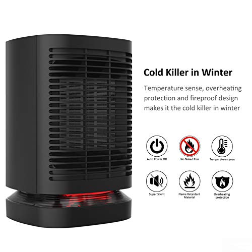 Veidoo 950W Portable Electric Oscillating PTC Ceramic Personal Space Heater with Overheating and Tip-Over Protection Quiet and Quick Heating up for Home and Office, Black - Thumbnail 5
