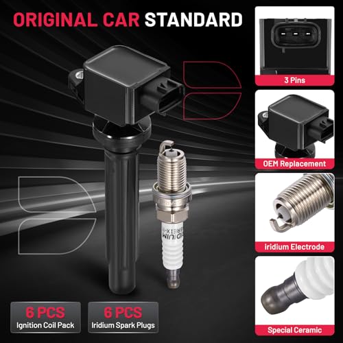 Image of BDFHYK Ignition Coil Pack UF562 and Iridium Spark Plug 3764 Compatible with Suzuki Grand Vitara 2006-2008 2.7L V6 Suzuki Oem Coil Pack Coil for 5C1785 E1062 52-2140 IC642 UF-562 3340065J00 Set of 6