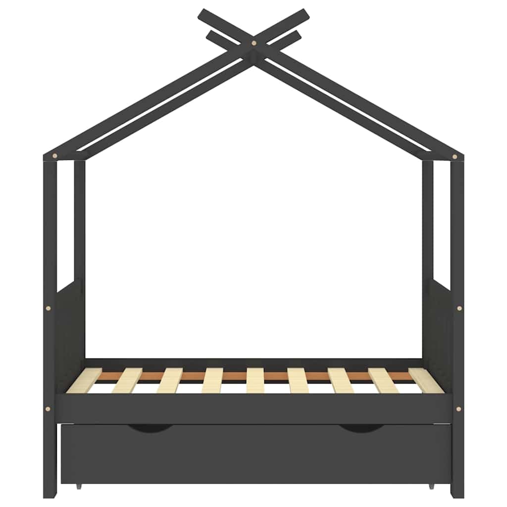 Cama infantil con cajón, color gris oscuro, madera maciza de pino, 70 x 140 cm, somier, espacio de almacenamiento, marco de cama, casa de juegos, habitación infantil