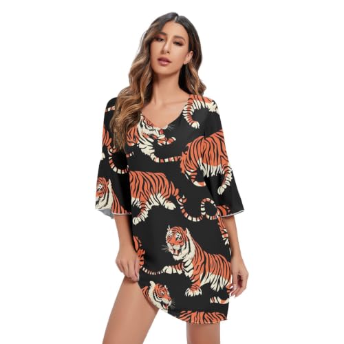 Robe d'été ample femme Tigers motif V noir fluide légère décontractée