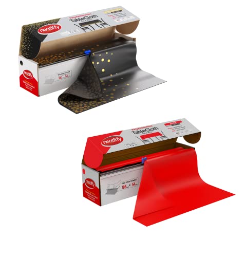 Neatiffy Disposable Plastic Table Cloth Roll | Waterproof Tablecloth | Cover For Rectangle, Square, Round, Oval Tables | Picnic, Party, Banquet, Birthdays, Weddings(Black Gold Dote & Red) #TOP4