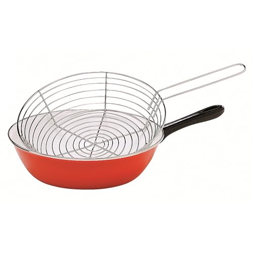 Baumalu, Poêle à Friture en Émail 26 cm Rouge, Acier Émaillé avec Panier en Acier Inoxydable, Compatible Induction, Idéale pour Friture et Cuisson Saine,...
