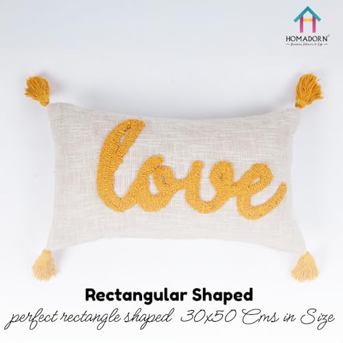 Image of HOMADORN 100% Cotton Text Pattern Handtufted /Embroided Decorative Cushion Cover (12X20 Inches) (1, Love Yellow)