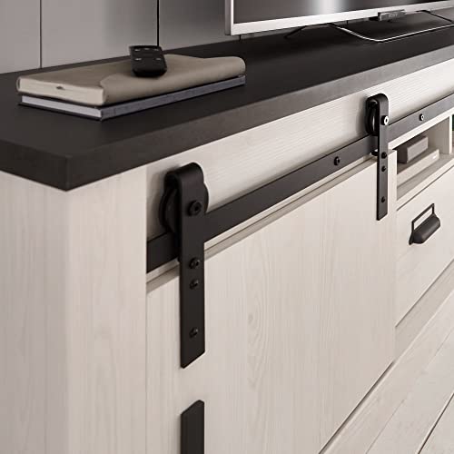 Lomadox Wohnwand TV-Wand Pinie weiß Nb. mit anthrazit 4-teilig Landhausstil, TV-Lowboard, Wandboard, Kommode, Vitrinenschrank, inkl. LED-Beleuchtung – Bild 5