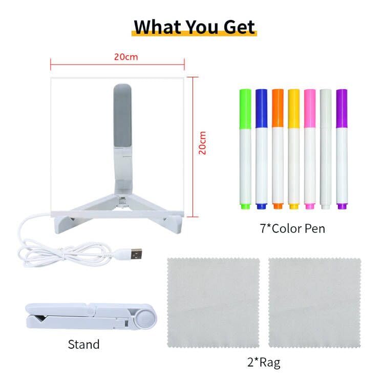 DWOOKE LED Drawing Board with 7 Colors Pen/Stand,20x20CM Luminous Acrylic Message Boards,Art Desktop Note Boards Light Board,Writing Board for Home Desk Office Cafe - Image 4