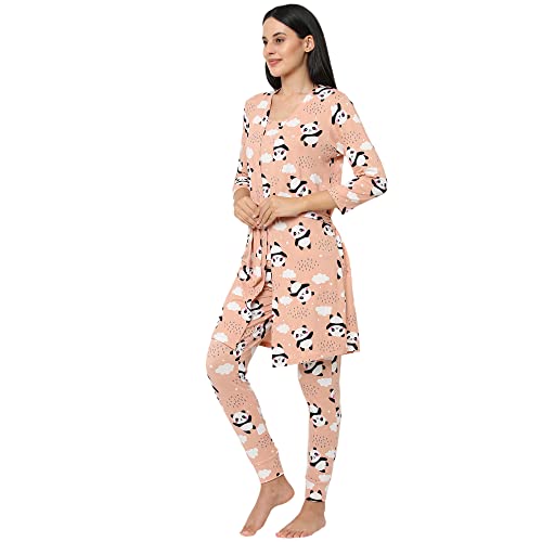 Image of Sweet Dreams Women Printed Lapel Collar 3 /4th Sleeve Poly Brush Robe, Slip & Pyjama Set