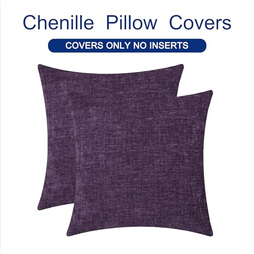 Image of CaliTime Throw Pillow Covers Decorative 24 X 24 Inches Pack of 2 Cozy Chenille Cushion Cases for Couch Sofa Bed Living Room Home Plum Purple