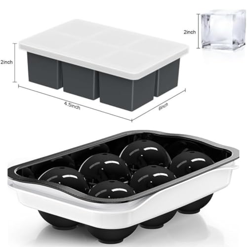 Image of SPRQCART Ice Cube Trays (Set of 2), Sphere Ice Ball Maker with Lid & Large Square Ice Cube Maker for Whiskey, Cocktails and Homemade, Keep Drinks Chilled (Square & Round Ice Cubes)