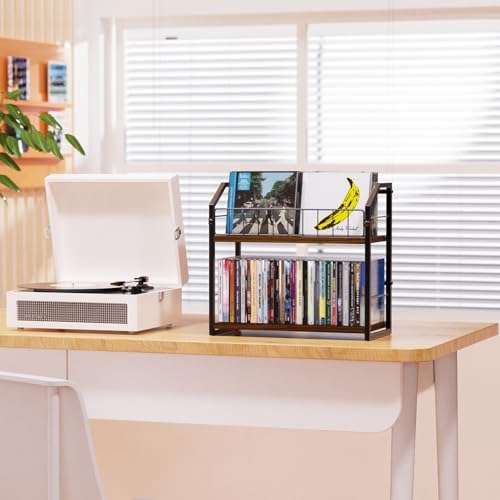 Image of 2-Tier CD Holder, CD Storage Rack for Display, CD Organizer with Rubber Feet, Stores Up to 60 CDs for Shelf Storage and Organization, for Music Enthusiasts and Collector Walnut