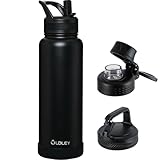OLDLEY 40 oz Insulated Water Bottle With Straw, Stainless Steel Sports Water Cup Flask with 3 Lids(Straw, Spout and Handle Lid) Double Walled Travel Thermal Canteen Mug,Black