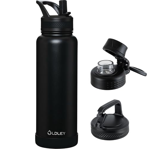OLDLEY 40 oz Insulated Water Bottle With Straw, Stainless Steel Sports Water Cup Flask with 3 Lids(Straw, Spout and Handle Lid) Double Walled Travel Thermal Canteen Mug,Black by OLDLEY - Used condition - US$10.95