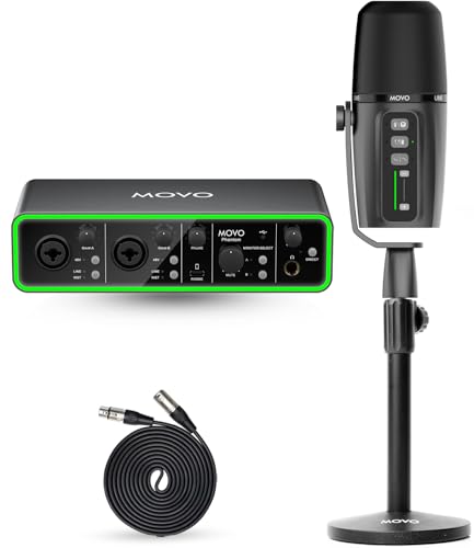 Movo Music/Audio Interface Bundle - Phantom USB Audio Interface, UM6 XLR/USB-C Dynamic Microphone, and Tabletop Stand - Professional Studio Setup for Musicians, Singers, and Producers