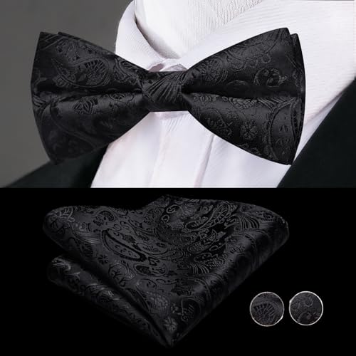 Image of Dubulle Mens Cummerbund and Bow Tie Set Paisley Floral Pretied Bowties for Men Pocket Square Cufflinks Wedding Business