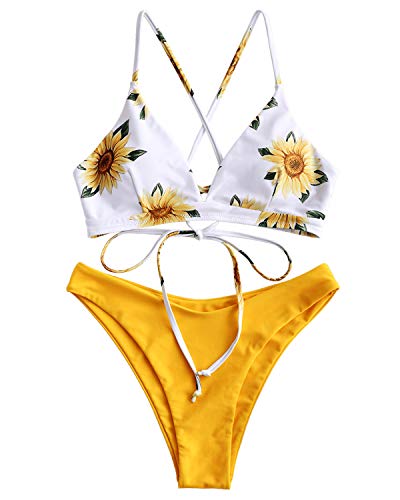 ZAFUL Women s Sunflower Print Lace-up Criss Cross Bikini Set High Cut Leg Swimsuit Bathing Suits (#2-Ducky Yellow, S)