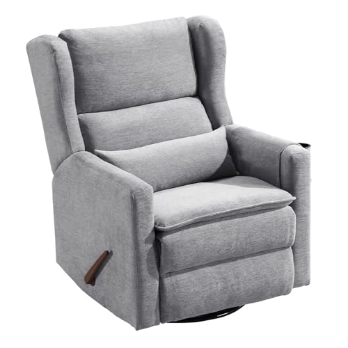 Image of Rocking Chair Nursery with Adjustable Headrest,Comfy Swivel Rocker Recliner with Lumbar Support, Manual Nursery Chair Rocker Recliner with Cup Holder and Side Pockets, Grey