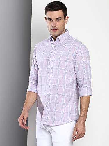 Image of Dennis Lingo Men's Checkered Slim Fit Cotton Linen Casual Shirt with Button-Down Collar & Full Sleeves
