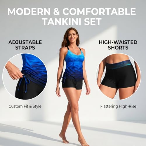 Image of Tempt Me Two Piece Tankini Swimsuits for Women Tummy Control Bathing Suit with Shorts Athletic Swimwear