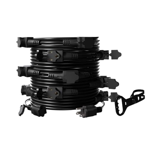 CXIYUA Black 50FT 16 Gauge SJTW Heavy Duty Multi-Outlet Outdoor Extension Cord, 11 Evenly Spaced Weatherproof Outlets, LED Indicator Light, Great for Stage Backdrops, Landscape Garden Lighting