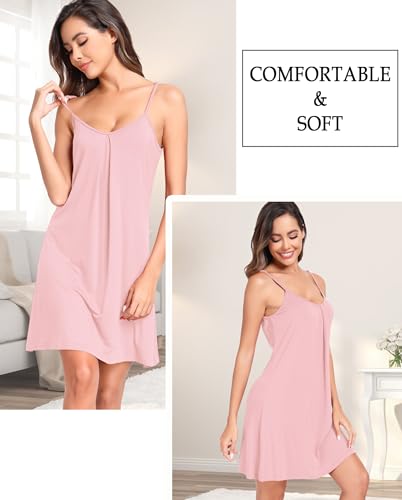 Lovasy Camisones de Mujer Verano Sexys Camisón Tirantes Mujer Cuello En V Modal Super Suave Camison,Rosa,L
