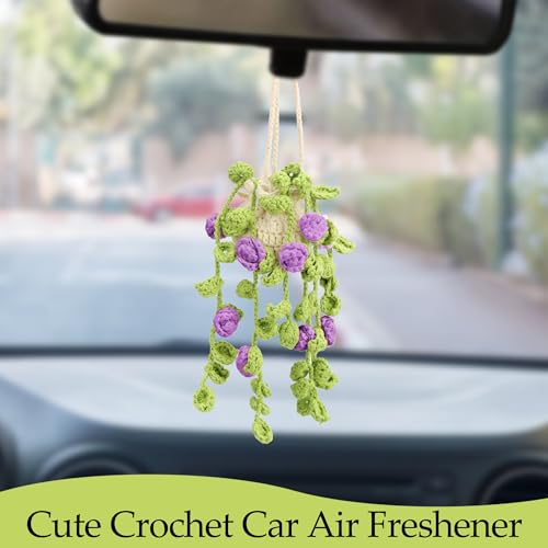 Image of Crochet Car Air Freshener Hanging, Cute Rear View Mirror Accessories Car Fresheners for Women, Handmade Car Hanging Accessories Car Air Freshener Diffuser, Purple Rose