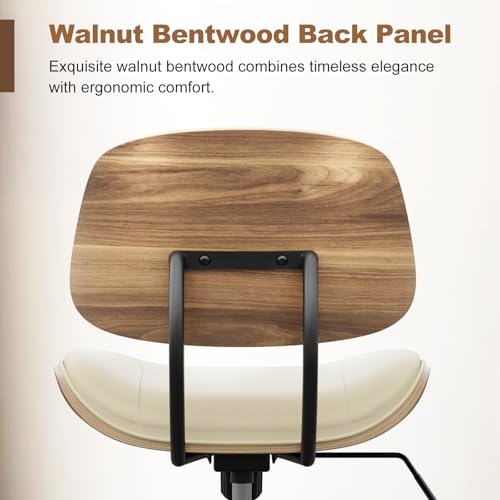 Image of Armless Office Chair with Wheels, PU Leather Adjustable Height Desk Chair - 360 Swivel Ergonomic Computer Chair for Small Space, Modern Walnut Style, Home & Meeting Room, Beige