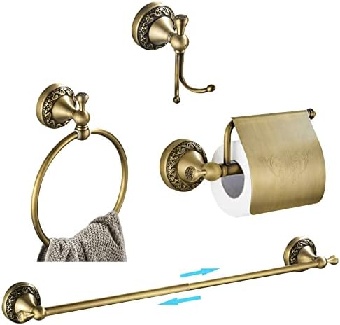 WINCASE Antique Brass Bathroom Accessories, Retro Adjustable Bathroom Hardware, Brass Bath Towel Bar Set 24 Inch 4 Piece Tolilet Paper Holder Towel Ring Robe Hook Wall Mounted Vintage