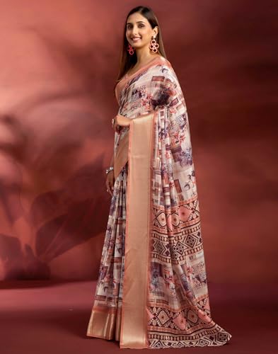 Image of SIRIL Women's Dola Silk Printed Jacquard Border Ready To Wear Saree with Unstitched Blouse Piece