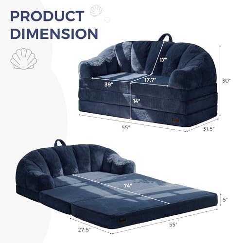 Image of MAXYOYO Folding Sofa Bed, 2 in 1 Convertible Sofa to Lounger Comfy Loveseat Bean Bag Chair for Adults, Floor Couch with Handle, Faux Fur Couch Bed for Living Room Bedroom, Navy, Loveseat