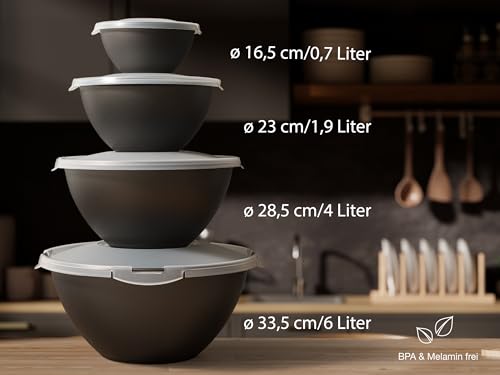 Foto von Hausfelder Salatschüssel Set groß mit Deckel 4er Set, 0,7L/1,9L/3,6L/6L, Schüsselset aus Kunststoff stapelbar, BPA-frei in Anthrazit Schwarz für Camping und Küche