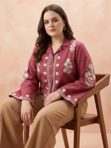 Image of Bee M Pee Designer Women's Embroidered Korean Crop Shirt | Full Bell Sleeves Western Tops for Woman Stylish | Oversized Formal /Casual /Office Wear Cotton Shirts Top for Women