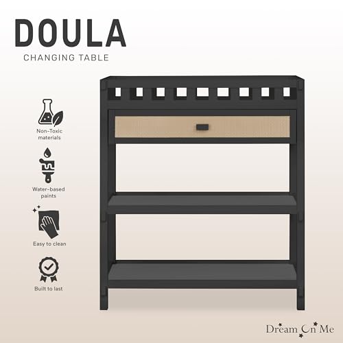 Image of Dream On Me Doula Changing Table in Matte Black - BSA & GREENGUARD Gold Certified, Enclosed Dressing Area for Safety, Two Spacious Storage Shelves & A Closed Drawer, Converts to Nightstand