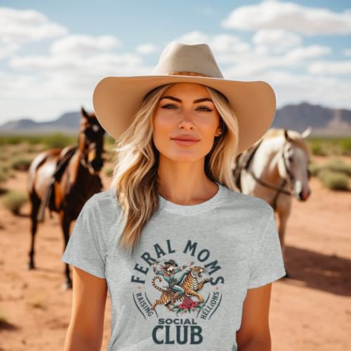 Image of Mama Shirts for Women Cool Feral Moms Social Club T-Shirt Vintage Western Graphic Shirt Funny Mothers Day Tee Tops