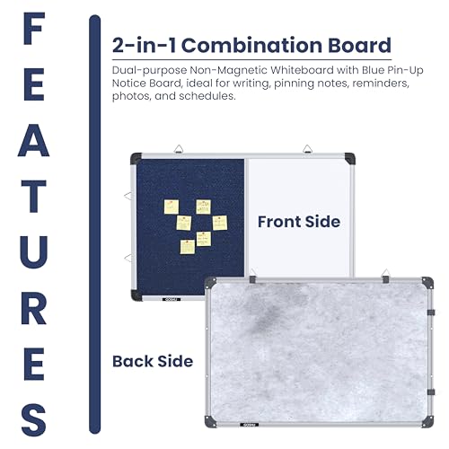 Image of GOSHU Combination 6 feet x4 feet Non Magnetic White Board with Blue Pin-up Notice Board Includes 1 Duster, 1 Marker and 50 Push up pins for Home, Office & School (Blue, 6x4 feet, Pack of 4 Items)
