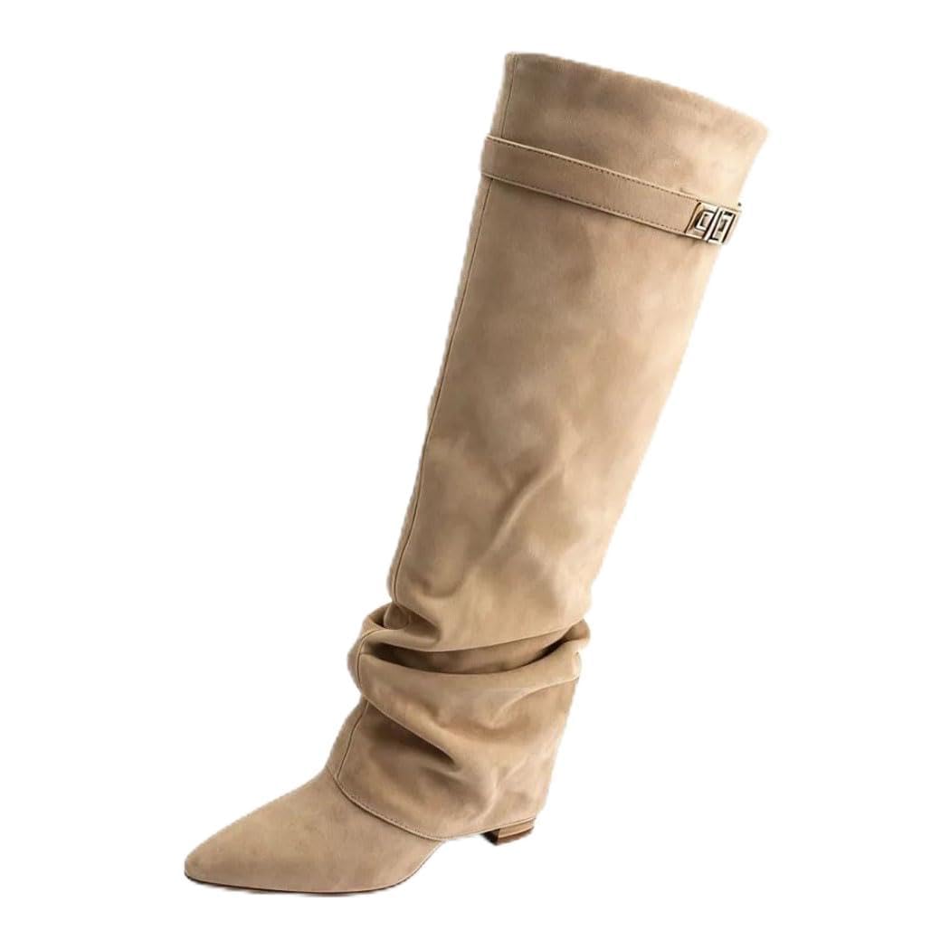 Women Fold Knee-High Slip-On Chunky Heel Print Wide-Leg Fashion Boots