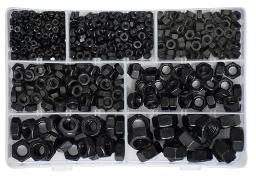 Image of Hi Tensile Black Hexagonal Nuts 7 Sizes M3, M4, M5, M6, M8, M10, M12 Assortment Pack of 765 Pcs with Storage Box