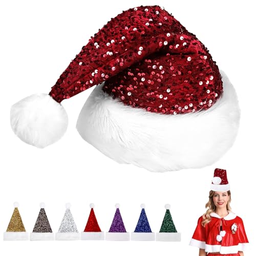 Weihnachtsmütze mit Glitzer 26 Pailletten Weihnachtsmütze Nikolausmütze Erwachsene Plüsch,Plüsch...
