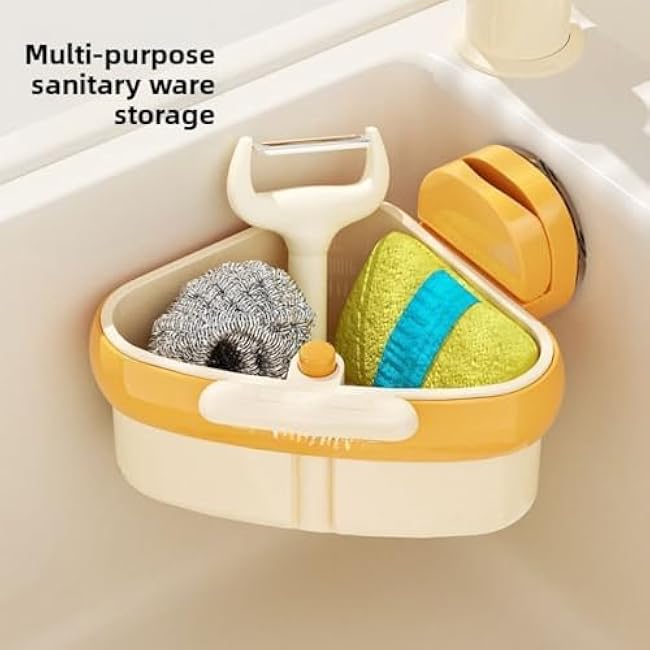 Curetoaway Suction Cup Sink Corner Rack, Curetoaway Sponge Holder for Kitchen Sink, Triangular Sinks Basket Shelf Automatic Dumping, Plastic Sinks Storage Rack Holder (Yellow)