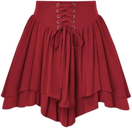 SCARLET DARKNESS Damen Renaissance Korsett Minirock | Hoher Taille Tiered Sommer Rock, Mittelalter Gothic Piraten Rock, Doppellagiger Rock mit Taschen