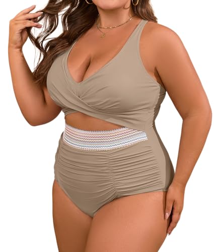 B2prity Women's Plus Size One Piece Swimsuit Tummy Control V Neck Bathing Suit Ruched High Waisted Cutout Swimwear