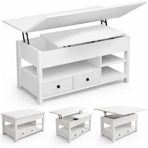 Marctani Mesa de Centro elevable 3 en 1 - Mesa de Centro Blanca con Almacenamiento Oculto y 2 Cajones, Mueble de Salón Extensible en Madera MDF para Escritorio y Comedor