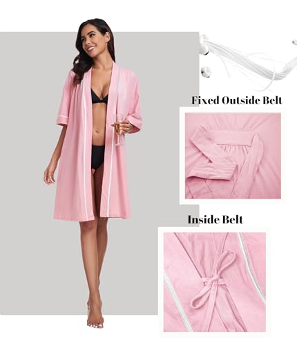 Image of ANLIQI Womens 100% Cotton Robes Lightweight Summer Short Sleeve Lady Bathrobe Knee Length Kimono Robe Sleepwear with Pockets