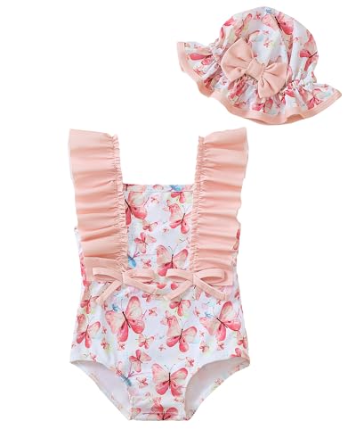 Image of Toddler Girl Swimsuit Baby Girl Bathing Suit Long Sleeve Floral Zipper One-Piece Rash Guard Swimsuit with Hat