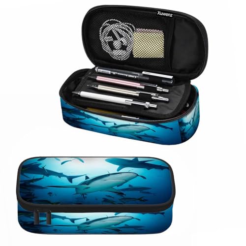 Image of Sharks Pencil Case Organizer Ocean Sea Fish Light Blue Stationery Box Makeup Box School Supply for Boy Girl Men Women