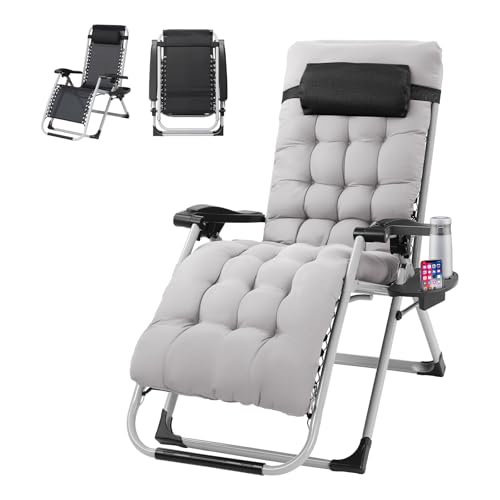 VINGLI Padded Zero Gravity Chair, Lounge Chair with Removable Cushion & Tray， Folding Reclining Patio Chairs， Recliner Chair for Lawn，Indoor and Outdoor