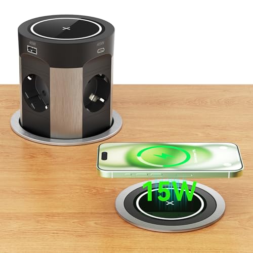 Prise Encastrable USB C PD 75W avec 15W Chargeur sans Fil, Multiprise Encastrable Plan de Travail avec 4 Prises, 2 USB C, 2 USB A, Bloc Prise Escamotable pour Table...