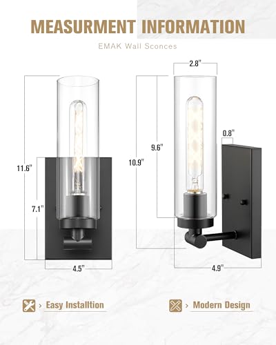 Image of Emak Modern Black Wall Sconces Set of Two, Farmhouse Bathroom Sconce with Clear Glass Shade, 2 Light Bathroom Vanity Light for Living Room, Bedroom, Gallery, WS086-BK-CG-2PK