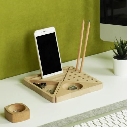 Image of Wooden Desk Organizer with Phone Stand, Multi-Compartment Stationery Holder, Natural Wood Finish (STYLE-6)