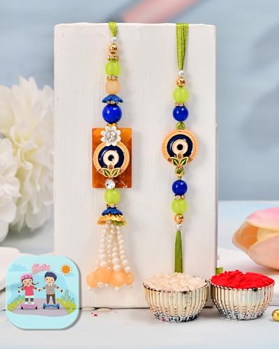 Image of CraftVatika Designer Evil Eye Couple Pair Rakhi for Brother Bhai Bhabhi | Premium Evil Eye Bracelet Rakhi Set for Bhaiya Bhabhi with Fridge Magnet Gift, Rakshabandhan Greeting Card, Tilak Set,Home decor