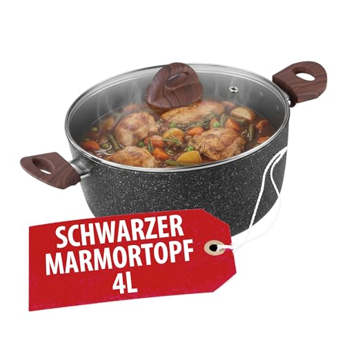 MAGIC HOME Aluguss Topf 24 cm INDUKTION | Marmor Antihaft | Kleiner Beschichteter Kochtopf mit Glasdeckel für Alle Herdarten, Induktionsherd | Ergonomischer Griff in Holzoptik | Black Marble Line